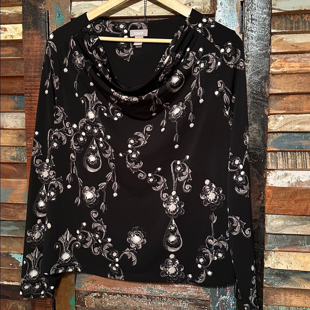 Chico's Elegant Black and Gray Blouse Floral print size 1 small/medium